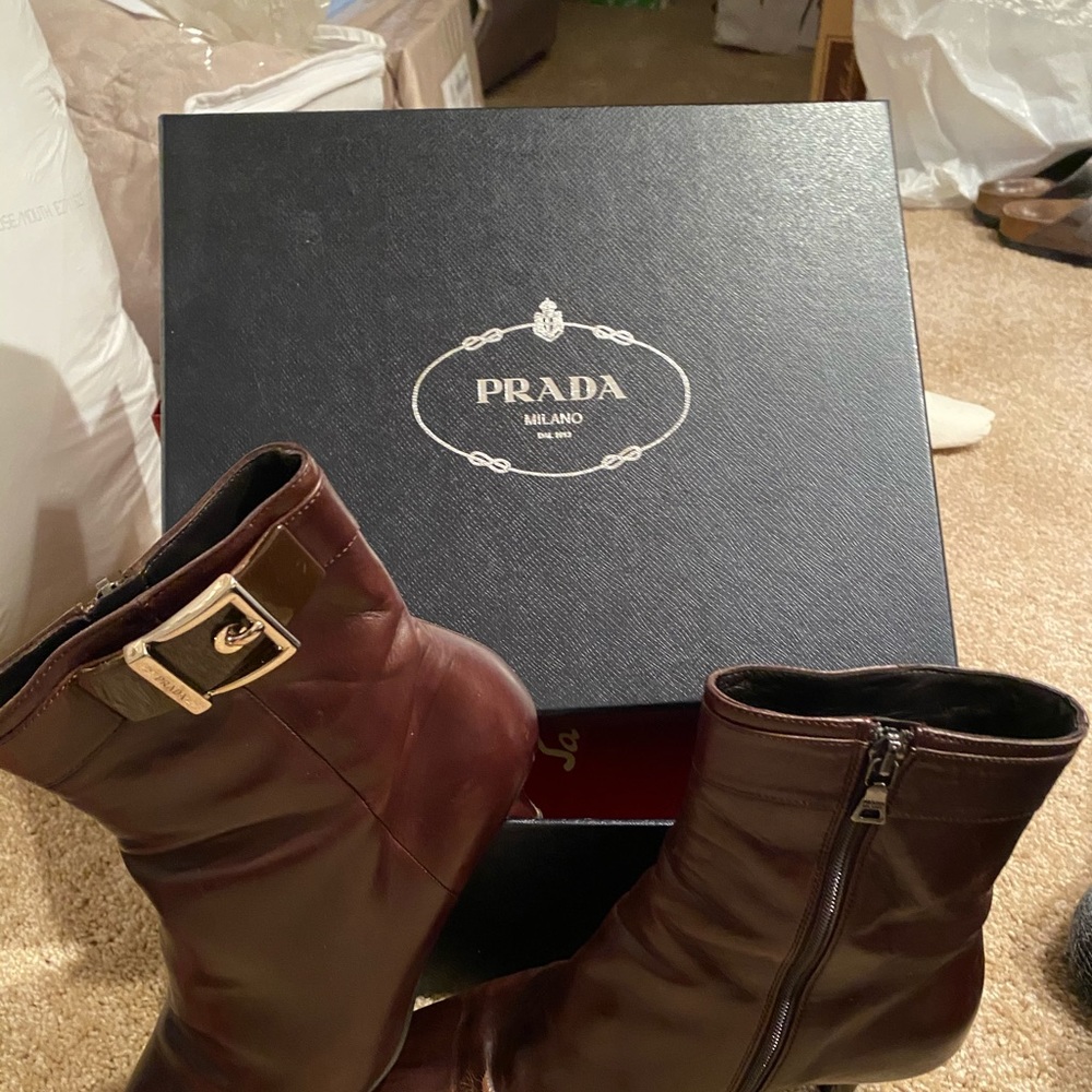 Brown leather Prada gogo boot